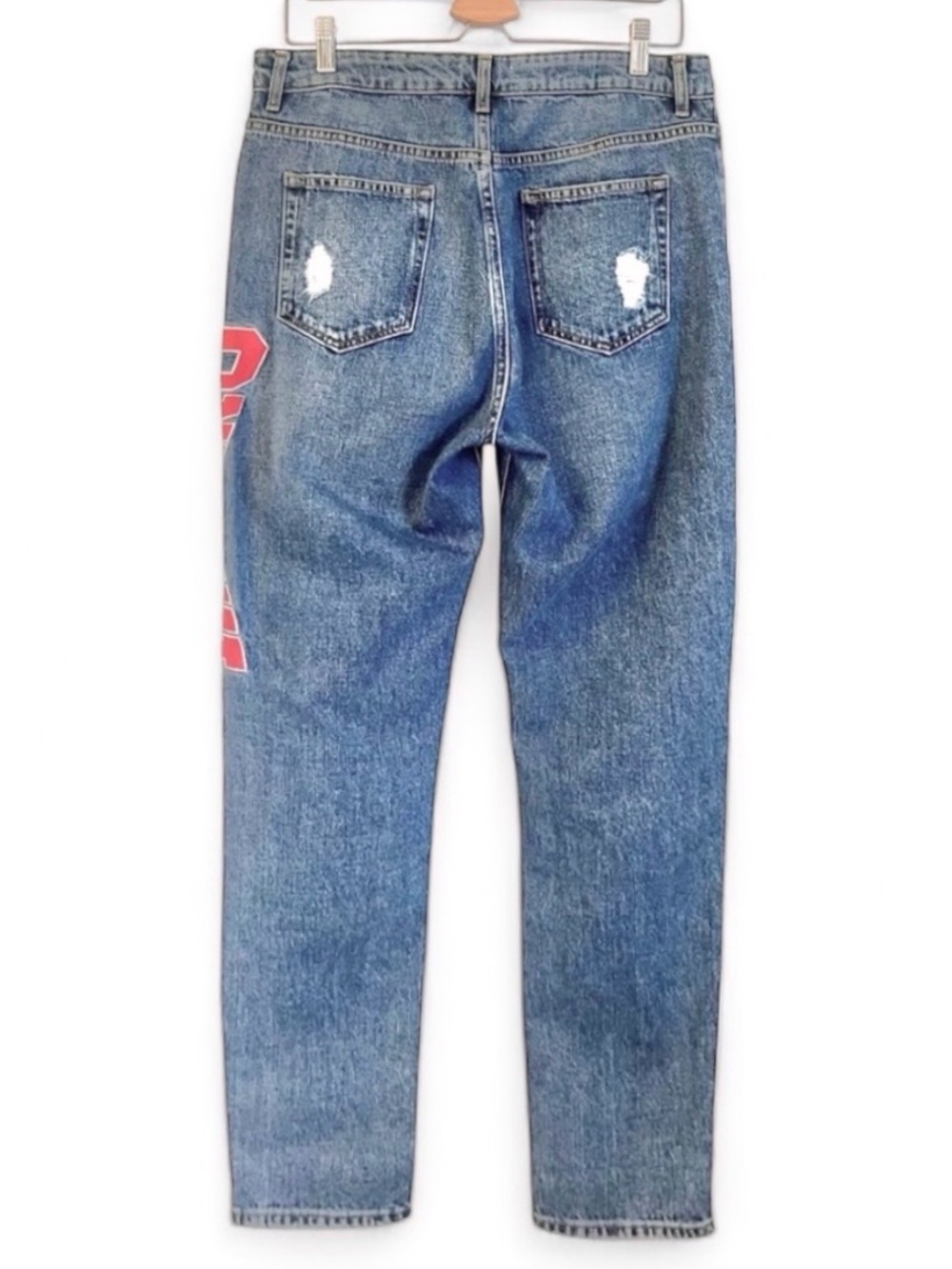 SANDRO Paris Embroidered Logo High  Distressed Blue Mom Jeans 10 - Picture 4 of 7